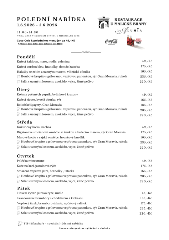 Polední menu na týden od 1.6. do 5.6.2026 - polední menu v restauraci U Malické Brány by ALUMIA