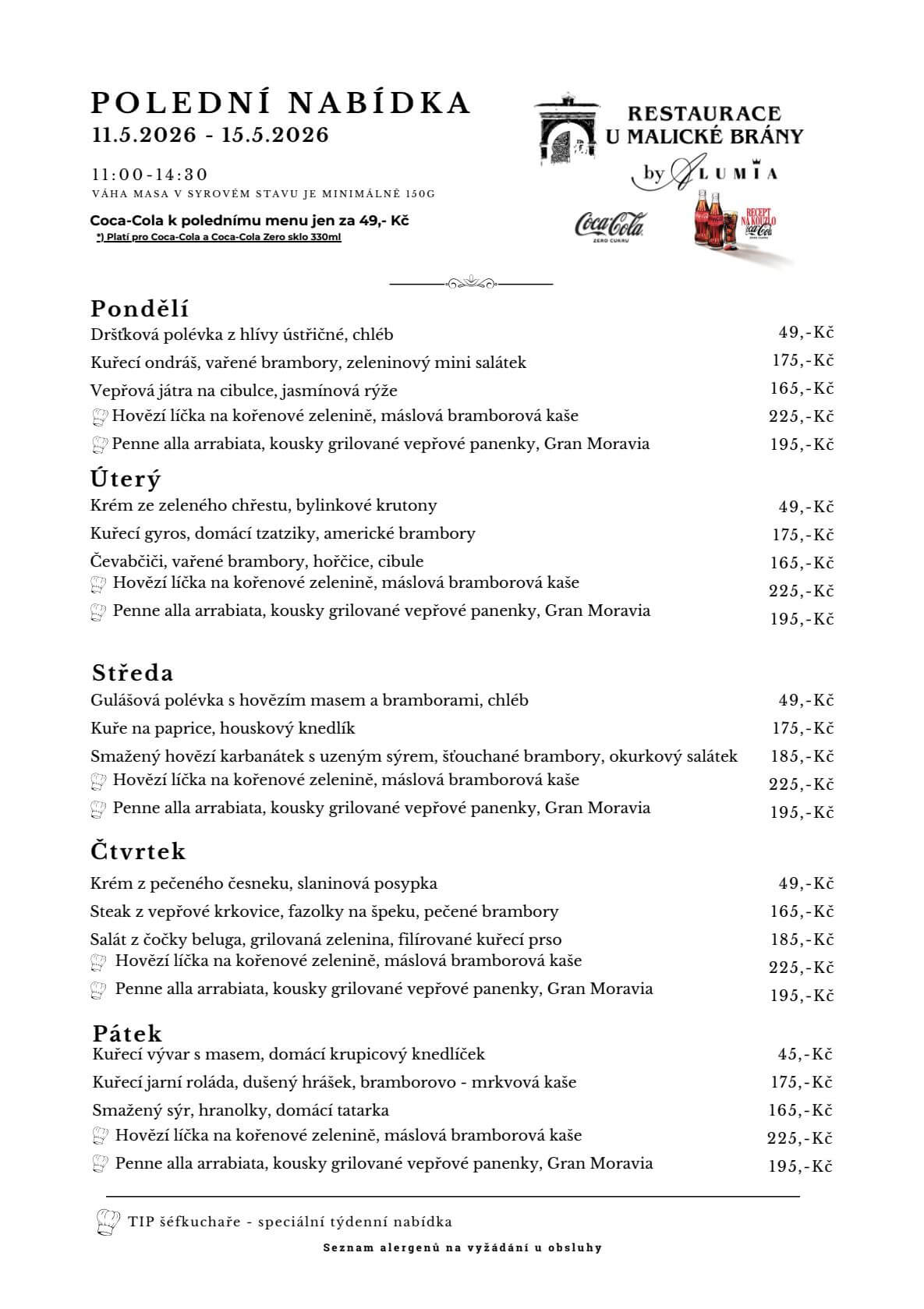 Polední nabídka na týden 11.5. – 15.5.2026 - polední menu v restauraci U Malické Brány by ALUMIA