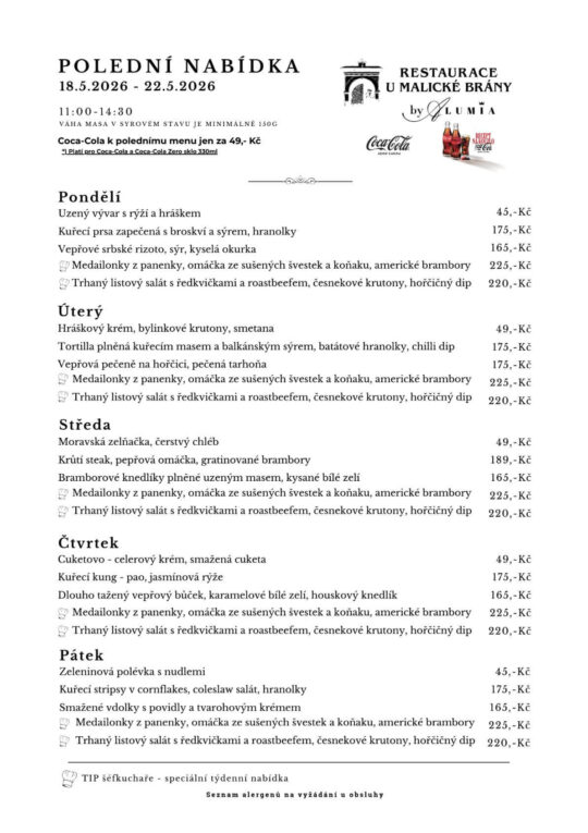 Polední nabídka na týden 18.5. – 22.5.2026 - polední menu v restauraci U Malické Brány by ALUMIA