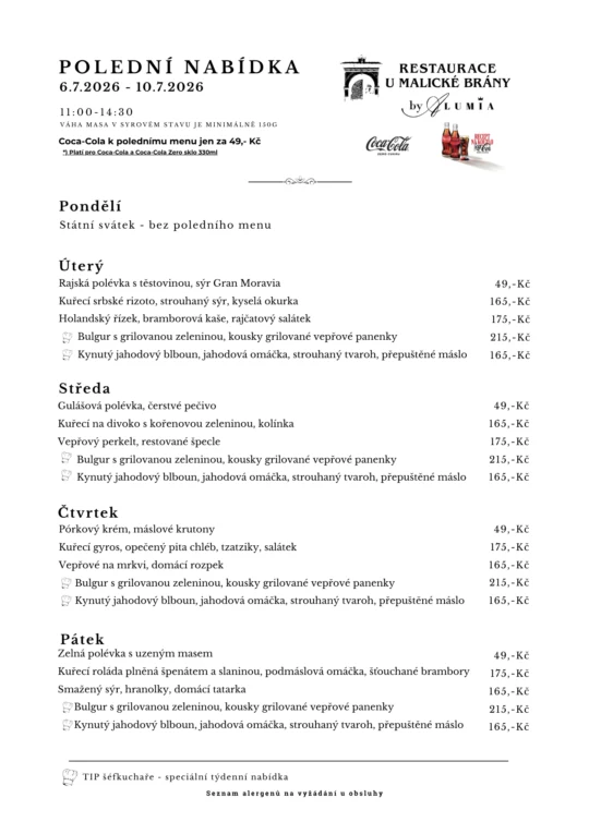 Polední menu od 6.7.2026 do 10.7.2026 - polední menu v restauraci U Malické Brány by ALUMIA