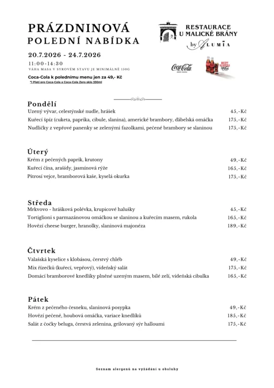 Polední menu od 20.7. do 24.7.2026 - polední menu v restauraci U Malické Brány by ALUMIA