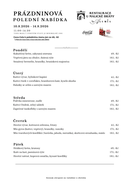Polední menu od 10.8.2026 do 14.8.2026 - polední menu v restauraci U Malické Brány by ALUMIA