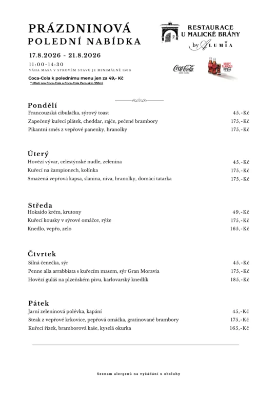 Polední menu 17.8.2026 – 21.8.2026 - polední menu v restauraci U Malické Brány by ALUMIA