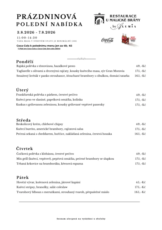 Polední menu od 3.8. do 7.8. 2026 - polední menu v restauraci U Malické Brány by ALUMIA