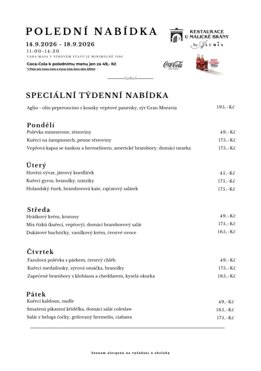 Polední menu 14.9.2026 – 18.9.2026 - polední menu v restauraci U Malické Brány by ALUMIA