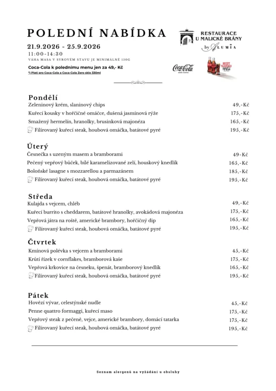 Polední menu od 21.9.2026 do 25.9.2026 - polední menu v restauraci U Malické Brány by ALUMIA