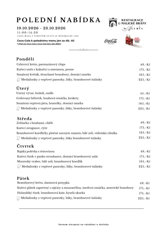 Polední menu od 19.10. do 23.10.2026 - polední menu v restauraci U Malické Brány by ALUMIA