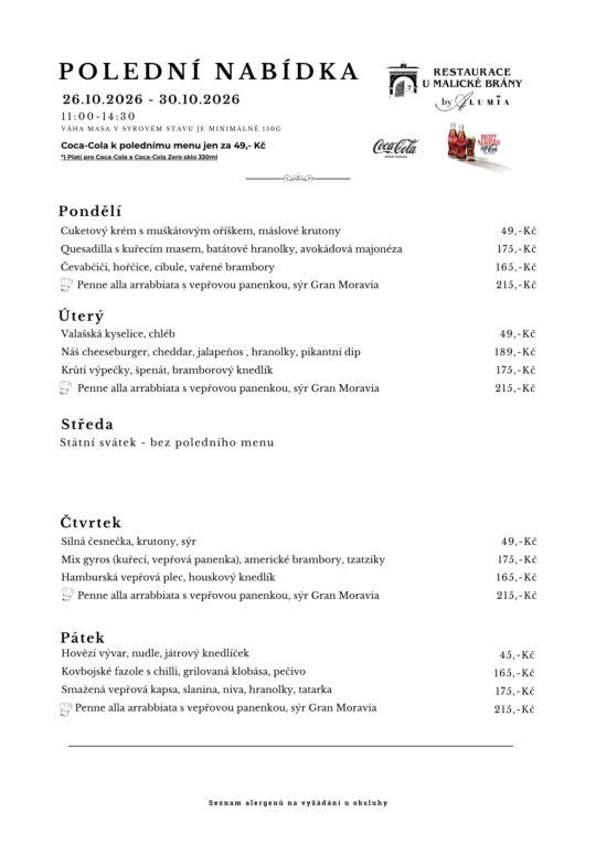 Polední menu od 26.10. do 30.10.2026 - polední menu v restauraci U Malické Brány by ALUMIA